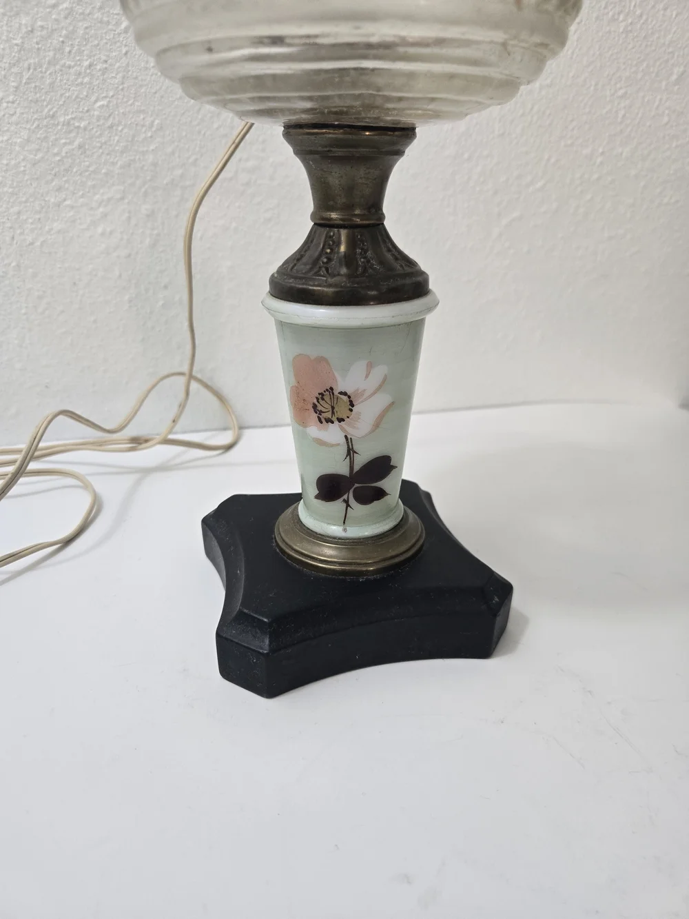 Vintage Glass Hurricane Table Lamp - White Frosted Shade